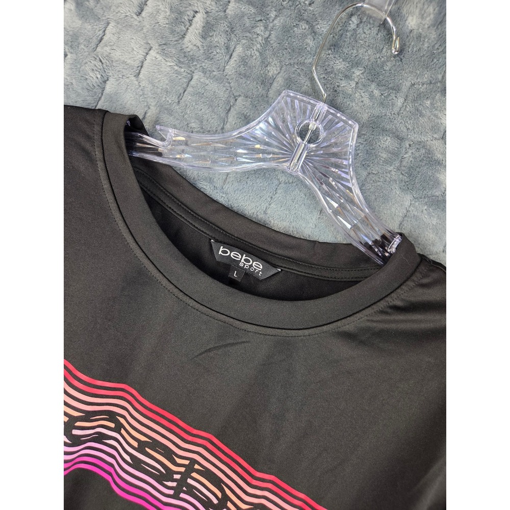 Bebe Sport Womens Black Rainbow Stripe Short Sleeve Tee BB2269A L